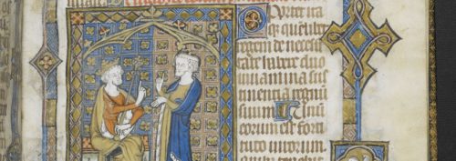 Page of a book, Aristotle instructing Alexander, with a full bar border