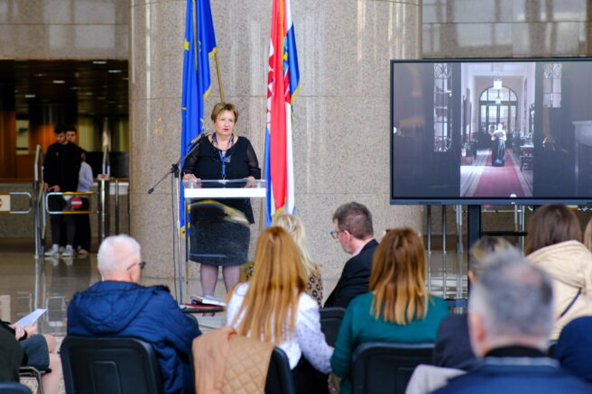 : Dr Ivanka Stričević, Director General of the National and University Library in Zagreb, at the opening ceremony of the exhibition “Dr. Elza Kučera”.